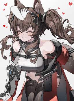 Rule 34 | 1girl, absurdres, alternate breast size (larger), angelina (arknights), animal ear fluff, animal ears, arknights, arknights: endfield, bare shoulders, belt, black gloves, black thighhighs, blush, breasts, brown hair, closed eyes, coat, commentary request, disembodied hand, dot nose, dress, elbow gloves, fox ears, fox girl, gilberta (arknights), gloves, grey dress, hair between eyes, headpat, high belt, high collar, highres, impossible clothes, impossible dress, kooring, large breasts, leaning forward, long hair, off shoulder, open clothes, open coat, red coat, short dress, simple background, smile, solo, thighhighs, twintails, white background, zettai ryouiki