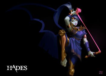 Rule 34 | 1girl, absurdres, armlet, artist name, barefoot, black background, breasts, closed mouth, copyright name, dress, fezzleoni, gold armlet, gold trim, hades (series), hades 1, highres, holding, holding whip, jewelry, long hair, medium breasts, megaera (hades), orange eyes, pink lips, ponytail, purple dress, purple hair, shoulder spikes, skull ornament, smile, solo, spikes, standing, standing on one leg, whip