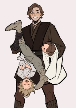 1girl 2boys anakin_skywalker black_gloves black_tunic blonde_hair brother_and_sister brown_hair brown_robe child closed_eyes double_bun dress father_and_daughter father_and_son feet_out_of_frame furrowed_brow gloves grin hair_bun highres holding_another&#039;s_leg irispardom laughing looking_at_another luke_skywalker multiple_boys open_mouth parted_bangs parted_lips princess_leia robe scar scar_across_eye scar_on_face short_hair siblings smile star_wars teeth tunic twins wavy_hair white_background white_dress white_robe