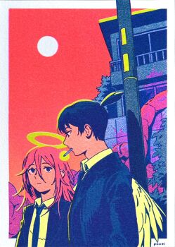 2boys angel angel_devil_(chainsaw_man) angel_wings artist_name black_hair black_necktie border chainsaw_man cigarette closed_mouth collared_shirt commentary earrings full_moon hair_between_eyes halo hayakawa_aki height_difference highres jacket jewelry long_hair looking_at_another male_focus moon mouth_hold multiple_boys necktie open_clothes open_jacket outdoors outside_border poxeii shirt short_hair suit_jacket symbol-only_commentary topknot traditional_halo upper_body white_border white_shirt white_wings wings