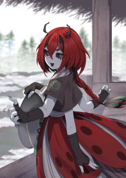 Rule 34 | 1girl, absurdres, antennae, beri (beribug), black gloves, black hair, black hat, black sclera, black shirt, black tongue, braid, chima (clothes), colored inner hair, colored sclera, colored skin, commentary, english commentary, extra arms, fangs, fingerless gloves, gat (hat), gloves, green eyes, green nails, hanbok, hat, highres, holding, holding unworn clothes, holding unworn hat, indie virtual youtuber, jeogori (clothes), korean clothes, ladybug girl, long hair, looking at viewer, multicolored eyes, multicolored hair, open mouth, outdoors, red eyes, red hair, red skirt, shirt, short eyebrows, short sleeves, single braid, skirt, solo, two-tone eyes, unworn hat, unworn headwear, valefal coneri, virtual youtuber, white skin