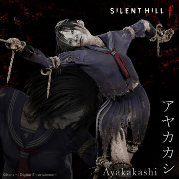 1girl 3d ayakakashi bent_over black_eyes black_hair black_serafuku black_shirt black_skirt breasts character_name expressionless konami logo midriff navel neckerchief official_art red_neckerchief rope rope_marks school_uniform serafuku shirt short_hair silent_hill_(series) silent_hill_f simple_background skirt standing standing_on_one_leg torn_clothes torn_shirt torn_skirt zoom_layer