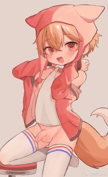 1boy :d absurdres animal_ear_headwear artist_name bilingual_commentary blonde_hair chinese_commentary commentary english_commentary fake_animal_ears fox_boy fox_tail grey_background hat highres jacket large_variant_set long_sleeves looking_at_viewer male_focus mixed-language_commentary omurice_(roza4957) open_clothes open_jacket open_mouth original penis pink_hat pink_jacket red_eyes short_hair shota signature simple_background small_penis smile solo tail tank_top testicles thighhighs uncensored variant_set white_tank_top white_thighhighs
