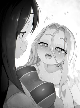 2girls absurdres age_difference asui_tsuyu blush bodysuit boku_no_hero_academia breasts completely_nude covered_erect_nipples eri_(boku_no_hero_academia) eye_contact forehead heart highres horns loli long_hair looking_at_another monochrome multiple_girls nipples nude onee-loli open_mouth rodecchi single_horn size_difference skin_tight small_breasts smile yuri