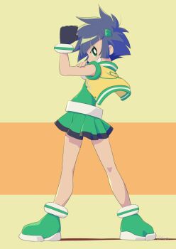 1girl black_gloves buttercup_(ppg) commentary_request flexing gloves green_eyes grin highres looking_at_viewer lv41_(lv41low) miniskirt powered_buttercup powerpuff_girls powerpuff_girls_z purple_hair simple_background skirt smile