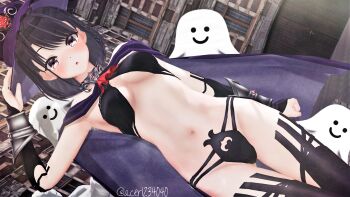 1girl 3d absurdres acer1234040 adjusting_clothes adjusting_headwear ascot bikini black_bikini black_gloves black_thighhighs bracelet braid bridal_gauntlets cape commentary cowboy_shot dutch_angle ghost gloves halloween halterneck hat highres jewelry long_hair looking_at_viewer multi-strapped_bikini_bottom navel open_mouth original purple_cape purple_hat red_ascot short_hair solo standing swimsuit thigh_gap thighhighs twitter_username witch_hat