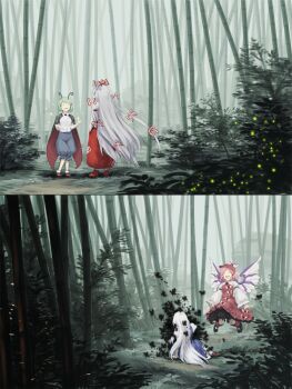 4girls animal animal_ears antennae baggy_pants bamboo bamboo_forest bird_ears bird_wings black_cape black_footwear blue_dress blue_hair bow brown_dress brown_headwear brown_legwear bug cape dress closed_eyes forest fujiwara_no_mokou green_hair hair_bow insect kamishirasawa_keine kneehighs long_hair long_sleeves moth multiple_girls mystia_lorelei nature no_headwear open_mouth pants pink_hair red_footwear red_pants shinburu shirt shoes short_hair smile socks touhou white_bow white_hair white_shirt white_wings wide_sleeves winged_hat wings wriggle_nightbug