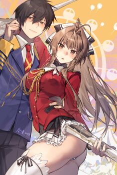 1boy 1girl aiguillette amagi_brilliant_park arm_around_neck artist_name ass black_ribbon blue_jacket blush bow bowtie breasts brown_eyes brown_hair colored_skin cowboy_shot dated embarrassed ferris_wheel frilled_skirt frills gun hair_bow hair_ribbon hand_on_another&#039;s_hip hand_up highres holding holding_gun holding_weapon jacket kanie_seiya large_breasts long_hair long_sleeves looking_to_the_side military military_uniform miniskirt necktie panties pants parted_lips ponytail red_jacket red_necktie ribbon sento_isuzu skirt striped_clothes striped_panties sweatdrop thighhighs thighs two-tone_ribbon underwear weapon white_bow white_bowtie white_ribbon white_skin white_thighhighs xuchuan