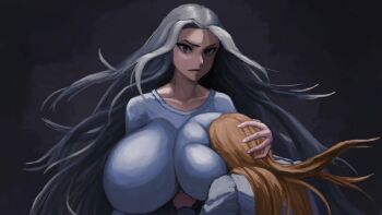 2girls bakunyū_assatsu!_chichi_shin_kyōko breast_smother breasts chinouya deep_skin face_to_breasts large_breasts long_hair looking_at_viewer multiple_girls