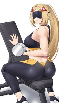 1girl absurdres alternate_costume ass black_sports_bra blindfold_mask blonde_hair breasts commentary dumbbell exercising eye_mask from_behind highres large_breasts long_hair mask obosounds pants parted_lips ponytail simple_background sitting solo sports_bra tight_clothes tight_pants trigger_(zenless_zone_zero) very_long_hair weightlifting white_background workout_clothes yoga_pants zenless_zone_zero