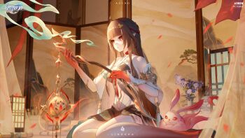 1girl absurdres ahoge aoiro_xiaolan artist_name bare_shoulders black_hair blunt_bangs character_name colored_extremities copyright_logo dated detached_sleeves falling_petals folding_screen from_side hair_ornament highres holding honkai:_star_rail honkai_(series) incense_burner indoors lingsha_(honkai:_star_rail) logo long_hair navel parted_lips petals pointy_ears rabbit red_eyes red_hands sitting solo yokozuwari