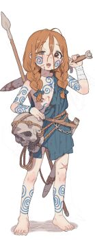 1girl absurdres bandages_around_arms barefoot blind blood blue_tunic braid brown_eyes brown_hair celtic commentary english_commentary fang full_body highres holding holding_sword holding_weapon loli long_hair looking_at_viewer missing_eye open_mouth orange_hair original polearm possummachine rope scabbard scar scar_across_eye scar_on_face sheath skull solo spear standing sword tattoo toes tribal_tattoo tunic twin_braids twintails weapon white_background