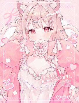 1girl animal_ear_fluff animal_ears blush breasts cat_ears cat_girl cat_tail cleavage commentary_request dress hair_ornament hairclip heart heart_hands highres jacket komomo_(2899) long_hair long_sleeves looking_at_viewer medium_breasts original pink_jacket pink_theme red_eyes sensitive solo tail virtual_youtuber white_dress