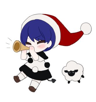 1girl black_capelet black_dress blue_hair brown_shoes capelet chibi chibi_only chimi_(s2yuyukos2) closed_eyes commentary doremy_sweet dress full_body hat highres holding holding_instrument holding_trumpet instrument music nightcap playing_instrument pom_pom_(clothes) red_hat sheep shoes simple_background socks solo tail tapir_tail touhou trumpet two-tone_dress white_background white_dress white_socks