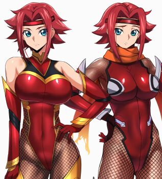 :o adapted_costume artist_name ass back bare_shoulders blue_eyes boots breasts closed_mouth code_geass commentary_request commission contrapposto covered_navel curvy dated dual_persona elbow_gloves feet_out_of_frame fishnet_pantyhose fishnets gloves gold_trim hair_intakes hand_on_own_hip headband heattech_leotard highleg highleg_leotard highres index_finger_raised kouzuki_kallen large_breasts leotard looking_at_viewer looking_back mecha_pilot_suit multiple_views orange_scarf pantyhose parted_lips pixiv_commission red_boots red_gloves red_hair red_headband red_leotard revealing_clothes scarf short_hair sidelocks sideways_glance signature simple_background standing thigh_boots thighs turtleneck white_background wide_hips yoo_tenchi