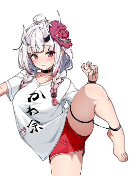 1girl ahoge ankle_strap barefoot black_choker blunt_bangs blush breasts choker closed_mouth clothes_writing commentary_request eru_(l_illust45) feet gradient_hair grey_hair hair_over_shoulder hand_up highres hololive horns large_breasts long_hair looking_at_viewer mask mask_on_head multicolored_hair nakiri_ayame nakiri_ayame_(cutie_jersey) official_alternate_costume official_alternate_hairstyle oni oni_mask paid_reward_available red_eyes red_hair red_shorts shirt shoe_dangle short_shorts shorts simple_background skin-covered_horns solo spread_legs standing standing_on_one_leg t-shirt thigh_strap toes virtual_youtuber white_background white_shirt