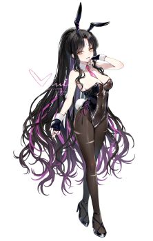 1girl animal_ears black_gloves black_hair black_leotard blush breasts brown_pantyhose covered_navel detached_collar facial_mark fake_animal_ears fate/grand_order fate_(series) fingerless_gloves forehead_mark full_body gloves grin high_ponytail highleg highleg_leotard highres large_breasts leotard long_hair looking_at_viewer multicolored_hair necktie pantyhose parted_bangs pink_hair playboy_bunny ponytail rabbit_ears rabbit_tail sessyoin_kiara sidelocks siiqa_vivi smile solo streaked_hair tail torn_clothes torn_pantyhose very_long_hair wrist_cuffs yellow_eyes