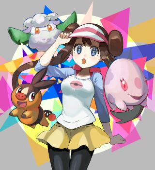1girl :o black_pantyhose blue_eyes blue_sleeves brown_hair cottonee cowboy_shot double_bun floating_hair gen_5_pokemon hair_bun hat highres long_hair long_sleeves miniskirt munna nintendo pantyhose pantyhose_under_shorts peppedayo_ne poke_ball_print pokemon pokemon_(creature) pokemon_bw2 rosa_(pokemon) shirt short_shorts shorts skirt standing tepig twintails very_long_hair visor_cap white_shirt yellow_skirt