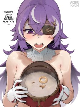 Rule 34 | 1girl, alterkyon, breasts, candy, chevreuse (genshin impact), collarbone, cum, cum in clothes, cum in container, cum in headwear, cum on food, detached collar, food, genshin impact, gloves, hat, highres, holding, holding unworn clothes, holding unworn hat, long hair, medium breasts, mole, mole under mouth, multicolored hair, nude, one eye covered, open mouth, purple eyes, purple hair, shako cap, solo, teeth, unworn hat, unworn headwear, upper body, upper teeth only, very long hair, white background, white gloves, white hair