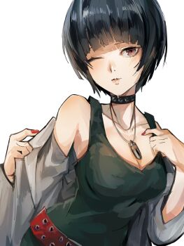1girl 4me3ba_niku belt black_hair blue_hair blush breasts brown_eyes choker cleavage collar collarbone doctor dress highres jewelry lab_coat looking_at_viewer medium_breasts nail_polish necklace one_eye_closed persona persona_5 red_belt red_eyes red_nails short_hair simple_background smile solo spiked_choker spikes studded_choker studded_collar takemi_tae upper_body white_background