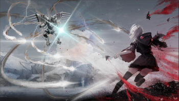 1boy 1girl absurdres antarctica armor battle black_thighhighs breasts command_&amp;_conquer command_&amp;_conquer:_red_alert dart day dress duel energy fighting floating_hair flying from_behind glacier grey_dress highres hood hood_down hoodie ice jetpack libra_(mental_omega) lightning mental_omega_(mod) missile missile_trail mys_sk norio_watanabe_(mental_omega) outdoors power_armor red_clouds skirt small_breasts standing standing_on_one_leg telekinesis thighhighs torn_clothes