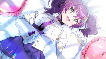 1girl :d bare_shoulders bed_sheet blush bow breasts clothing_cutout collared_shirt commentary_request fang frilled_pillow frilled_shirt_collar frilled_sleeves frills green_bow green_eyes hair_between_eyes hair_bow heart_cutout high-waist_skirt jacket kou_hiyoyo kuchiba_rami long_sleeves lying medium_breasts muv-luv_girls_garden necktie off_shoulder on_back open_clothes open_jacket open_mouth pillow pleated_skirt purple_hair purple_necktie purple_skirt shirt skirt sleeveless sleeveless_shirt sleeves_past_fingers sleeves_past_wrists smile solo twintails white_jacket yellow_bow