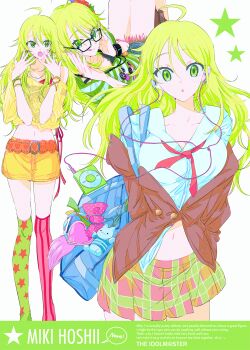 1girl :o :q adjusting_eyewear ahoge asymmetrical_legwear bag belt bespectacled black-framed_eyewear blazer blonde_hair bow bowtie breasts brown_jacket character_name commentary denim denim_shorts dress_shirt earbuds earphones earrings english_text eyelashes flower glasses green_eyes green_shirt hair_flower hair_ornament highres hoshii_miki idolmaster idolmaster_(classic) jacket jewelry long_hair looking_at_viewer loose_bowtie midriff mismatched_legwear mismatched_thighhighs mp3_player multiple_views multiple_wristbands najuco_(naju0517) navel off_shoulder official_alternate_costume parted_lips partially_unbuttoned pink_nails plaid_clothes plaid_skirt pleated_skirt school_uniform shirt shorts sitting skirt smile solo star_(symbol) star_earrings striped_clothes striped_shirt tassel thighhighs tongue tongue_out white_background white_shirt wispy_bangs wristband yellow_shirt yellow_skirt