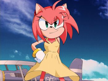 amy_rose bare_legs cosplay dress eyelashes furry gainax gloves green_eyes hairband hand_on_own_hip hedgehog highres legs medium_hair neon_genesis_evangelion pink_fur pink_hair plane sega sky sonic_(series) souryuu_asuka_langley wind yellow_dress