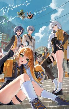 &gt;_&lt; 3boys 3girls 4others absurdres accessories animal animal_ear_fluff animal_ears animal_on_shoulder arm_hug asymmetrical_gloves bangboo_(zenless_zone_zero) beads bear_boy beizi_(clothing) belion_(zenless_zone_zero) belle_(delicate_sunlight)_(zenless_zone_zero) belle_(zenless_zone_zero) bird bird_on_shoulder black_bird black_fur black_unitard blonde_hair blue_hair blue_shirt blue_shoes blue_sky bow bracelet breasts brother_and_sister brown_hair building cat chinese_clothes cloud colored_inner_hair commentary elbow_gloves english_commentary english_text eous_(zenless_zone_zero) fang fat fat_man fingerless_gloves furry furry_male glasses gloves green_eyes grey_hair grey_jacket hair_between_eyes hair_ornament hairpin hand_on_own_hip high-waist_shorts highres jacket jewelry ju_fufu large_breasts letter_hair_ornament long_hair looking_at_another looking_at_viewer medallion mountain multicolored_fur multicolored_hair multiple_boys multiple_girls multiple_others nongxy_nonshi official_alternate_costume open_mouth orange_cat orange_fur outdoors pan_yinhu panda_boy panda_ears pants red_eyes round_eyewear shirt shoes short_hair shorts siblings single_elbow_glove single_hair_intake single_thighhigh sky smile socks stairs striped_fur striped_hair tail tail_bow tail_ornament thigh_strap thighhighs tiger_ears tiger_girl tiger_stripes tiger_tail uneven_gloves waving white_fur white_pants white_shoes white_socks wise_(soaring_crane)_(zenless_zone_zero) wise_(zenless_zone_zero) wok ye_shiyuan yellow_eyes yellow_jacket yin_yang_pin yixuan_(zenless_zone_zero) zenless_zone_zero