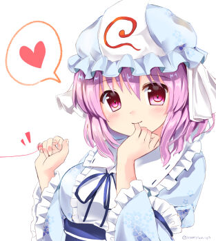 1girl black_ribbon blue_kimono blue_sash commentary_request finger_in_own_mouth frilled_sleeves frills hair_between_eyes hat heart japanese_clothes kimono long_sleeves looking_at_viewer mob_cap neck_ribbon obi purple_hair ramudia_(lamyun) red_eyes ribbon saigyouji_yuyuko sash short_hair simple_background solo spoken_heart string string_of_fate touhou triangular_headpiece upper_body veil white_background white_veil