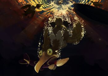 absurdres air_bubble animal_focus arrokuda bird boat bubble closed_mouth commentary_request cramorant diving fish fish_in_mouth full_body gen_8_pokemon highres king_joe_(neoroto) nintendo no_humans open_mouth pokemon pokemon_(creature) pokemon_focus underwater watercraft