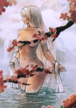 1girl branch breasts cherry_blossoms commentary convenient_censoring expressionless hakravlina highres hiyuki_(wuthering_waves) long_hair looking_to_the_side medium_breasts mole mole_on_shoulder mole_under_eye nude red_eyes very_long_hair water white_hair wuthering_waves