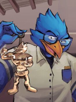 1boy 24_karat_gold_labubu_(meme) atrium beak berdly_(deltarune) bird_boy blue_fur deltarune derivative_work furry furry_male glasses hand_wings holding looking_at_viewer meme open_mouth raised_eyebrow shirt smile upper_body utdr_(toby_fox) white_shirt