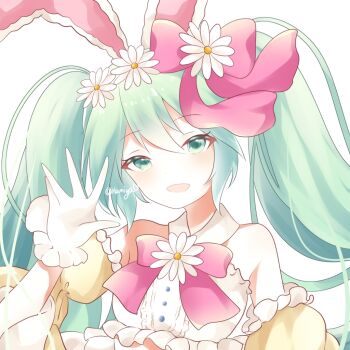 1girl animal_ears aqua_hair artist_name bow bowtie commentary_request daisy_(flower) fake_animal_ears flower frills gloves green_eyes hair_between_eyes hamiyamiko hatsune_miku heart pink_bow pink_bowtie rabbit_ears solo twintails vocaloid white_flower white_gloves