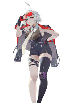 1girl absurdres adjusting_eyewear ahoge belt black_belt black_bodysuit black_gloves black_jacket black_thighhighs blue_eyes blush bodysuit breasts chinese_commentary cleavage cleavage_cutout closed_mouth clothing_cutout collar commentary_request detached_collar eyewear_on_head feet_out_of_frame gloves grey_jacket hand_on_eyewear hand_on_own_hip highres jacket jacket_on_shoulders knee_armor large_breasts leaning_forward looking_at_viewer multicolored_gloves multicolored_jacket multiple_thigh_straps necktie open_clothes open_jacket pugongying qq_dance red_gloves red_jacket see-through_cleavage see-through_clothes short_hair sidelocks simple_background single_thighhigh solo standing thigh_strap thighhighs two-tone_gloves white_background white_collar white_hair white_necktie xingtong