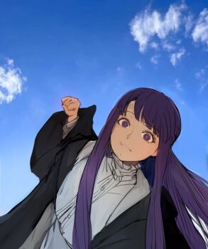 1girl absurdres anger_vein black_coat blunt_bangs clenched_hand closed_mouth cloud coat day dress fern_(sousou_no_frieren) higemu highres incoming_attack incoming_punch long_hair looking_at_viewer outdoors photo-referenced photo_background punching purple_eyes purple_hair sidelocks sky solo sousou_no_frieren straight_hair upper_body white_dress