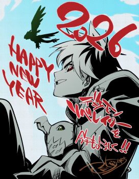 Rule 34 | 1boy, 2026, bird, commentary request, digimon, digimon (creature), digimon card game, digimon liberator, fukunari kanchi, happy new year, highres, kazama shoto, looking at viewer, male focus, mixed-language commentary, mixed-language text, muchomon, new year, partially colored, penguin, pteromon, short hair, smirk, translation request
