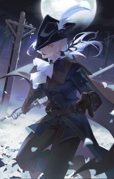 1girl ascot bloodborne cloak coat field flower flower_field fromsoftware geranbb gloves hat hat_feather highres holding holding_weapon lady_maria_of_the_astral_clocktower long_hair moon night outdoors sky solo sword tricorne weapon white_flower white_hair