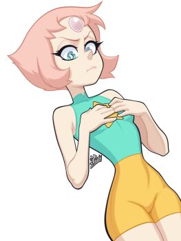 1girl :i absurdres aqua_shirt armpit_crease artist_name bare_arms blue_eyes breasts bright_pupils closed_mouth commentary covered_groin cowboy_shot dutch_angle english_commentary forehead_jewel gem gem_(steven_universe) hands_on_own_chest highres looking_at_viewer pearl_(gemstone) pearl_(steven_universe) pink_hair shirt short_hair shorts simple_background skin_tight sleeveless sleeveless_shirt small_breasts solo srbready star_(symbol) steven_universe triangle-shaped_hair white_background white_pupils yellow_shorts