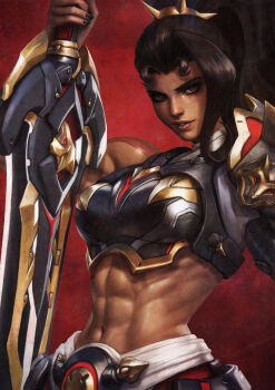 1girl abs absurdres arm_up black_nails breasts brown_hair commentary english_commentary high_ponytail highres holding holding_sword holding_weapon long_hair looking_at_viewer midriff monori_rogue muscular muscular_female navel overwatch parted_lips ponytail red_background red_eyes solo standing sword upper_body vendetta_(overwatch) weapon