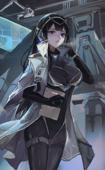 1girl absurdres black_bodysuit black_hair blue_eyes bodysuit breasts chinese_commentary coat commentary_request gloves hand_in_own_hair high_collar highres holding holding_tablet_pc holographic_monitor indoors lab_coat large_breasts long_hair looking_at_viewer open_clothes open_coat original parted_lips science_fiction tablet_pc youlan
