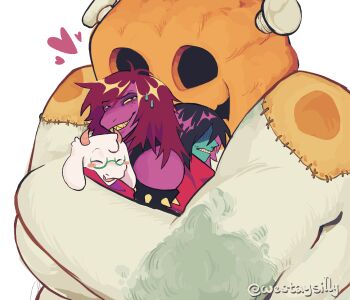 Rule 34 | 1girl, 1other, 2boys, aqua skin, armlet, blush stickers, colored skin, colored teeth, deltarune, fang, freckles, frown, giant, giant male, goat boy, grin, heart, highres, horns, jack-o'-lantern head, jackenstein (deltarune), jewelry, kris (dark world) (deltarune), kris (deltarune), monster boy, multiple boys, pink skin, pumpkin head, ralsei, reptile girl, skin fang, smile, spiked armlet, stitched arm, stitches, susie (dark world) (deltarune), susie (deltarune), sweat, teeth, utdr (toby fox), westaysilly, yellow teeth