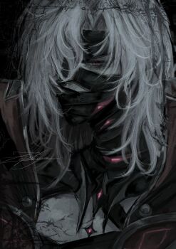 1boy bandaged_head bandaged_neck bandages black_bandages commentary covered_mouth english_commentary genshin_impact highres looking_at_viewer male_focus medium_hair pink_eyes rerir_(genshin_impact) shirt solo watermark white_shirt zephryxnn