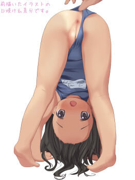 1girl anus anyannko ass anal_fluid barefoot bent_over blush cleft_of_venus clothing_aside feet female_focus flat_chest full_body hairline highres japanese_text loli looking_through_own_legs open_mouth pussy school_swimsuit simple_background solo source_request swimsuit swimsuit_aside text_focus top-down_bottom-up translated uncensored upside-down white_background