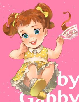 1girl ano_(sbee) bare_shoulders bow brown_hair disney dress freckles full_body gabby_gabby green_eyes hair_bow knees mary_janes pixar polka_dot polka_dot_dress print_dress shoes short_dress simple_background sleeveless sleeveless_dress smile solo toy_story toy_story_4 twintails yellow_dress yellow_shoes