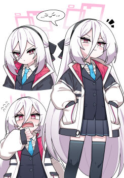 1girl :o @_@ black_hairband black_jacket black_skirt black_thighhighs blazer blue_archive blue_necktie blush bright_pupils commentary_request double-parted_bangs doyagao fey_(whitepaper) flying_sweatdrops hair_between_eyes hairband half_updo halo hands_in_pockets highres jacket kei_(blue_archive) kei_(new_body)_(blue_archive) korean_commentary long_hair long_hair_between_eyes looking_at_viewer multiple_views necktie nose_blush notice_lines partial_commentary pink_eyes pleated_skirt shirt skirt smile smug spoken_expression sweatdrop thighhighs v-shaped_eyebrows very_long_hair white_hair white_jacket white_pupils white_shirt zettai_ryouiki