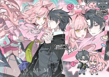 1girl animal_ear_fluff animal_ears black_hair black_jacket blush cat_ears chibi evodtonaeco hair_ornament hairclip heart hetero highres holding_hands jacket long_hair long_sleeves looking_at_another looking_at_viewer multiple_views open_mouth original pink_hair sample_watermark shirt short_hair shorts tail very_long_hair watermark yellow_eyes