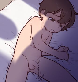 1boy bed_sheet brown_eyes brown_hair casytay closed_mouth completely_nude cum flaccid foreskin male_focus navel nipples nude on_bed original penis phimosis shadow sheet_grab shota solo spread_legs tears testicles trembling uncensored