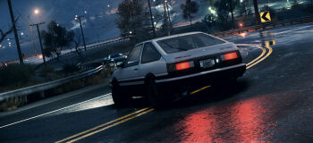 blurry car city city_lights depth_of_field drifting driving forest fujiwara_takumi's_toyota_trueno_ae86 highres initial_d mirror motor_vehicle nature night no_humans outdoors rain reflection reflective_liquid road scenery speedometer street tachometer toyota toyota_sprinter_trueno tree vehicle_focus water weinberg
