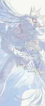 1boy absurdres angel crown electric_guitar guitar halo highres holding holding_guitar holding_instrument instrument jumpsuit long_hair male_focus panty_&amp;_stocking_with_garterbelt ramie_(psg) solo white_hair white_jumpsuit white_theme zhen_ri_wuxin_sao_dai_mei